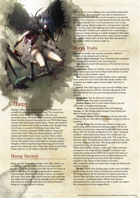 [Homebrew] Harpy Playable Race : dndnext | Dungeons and dragons races, Dnd races, Dungeons and ...