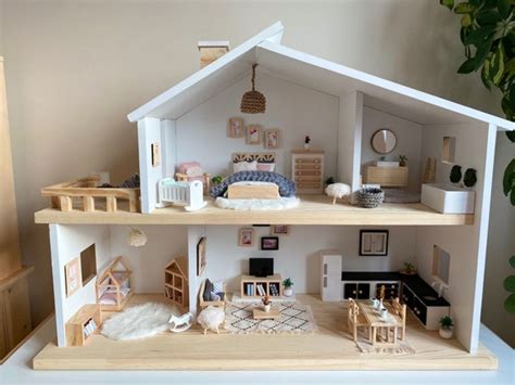 NATURAL WOODEN DOLLHOUSE With Handmade Furniture & Textile - Etsy