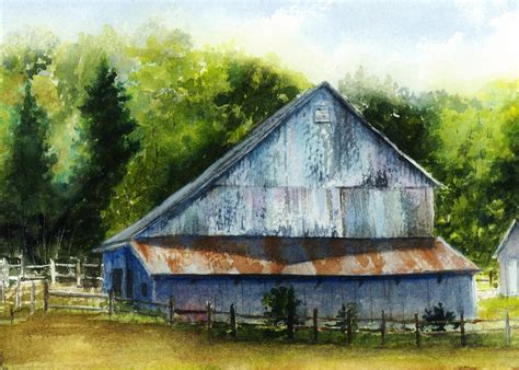 Watercolor Print of Weathered Barn Landscape Painting Giclee | Etsy