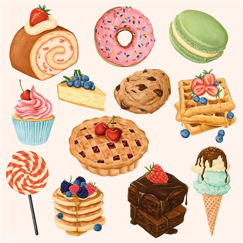 an illustration of various pastries and desserts