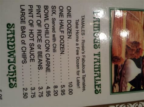 Menu at Rosie's Tamale House restaurant, Bee Cave, State Hwy 71