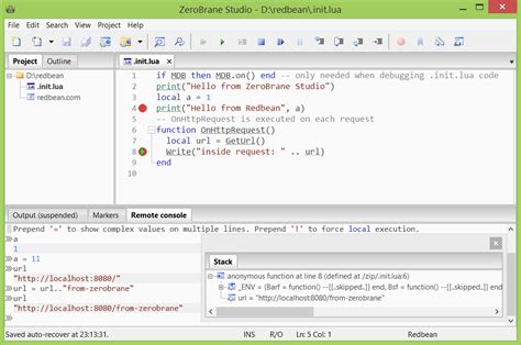 Redbean web server debugging with ZeroBrane Studio - ZeroBrane