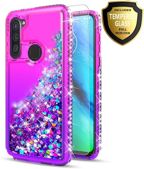 Samsung Galaxy A11 Phone Case, with [Tempered Glass Protector Included] Liquid Floating Glitter ...