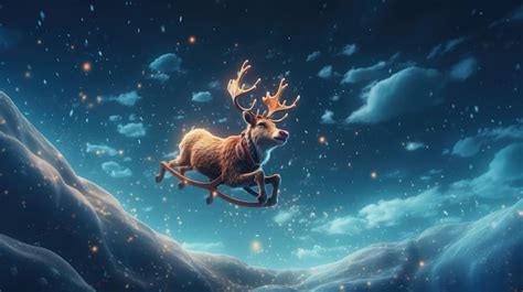 Premium AI Image | A jolly reindeer with a bright red nose pulling Santa039s sleigh through the ...