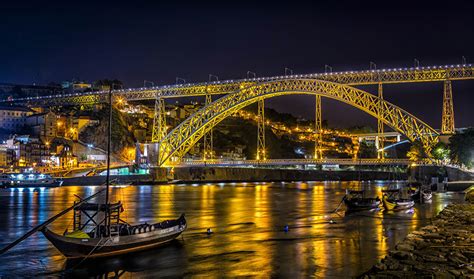 Pictures Oporto Portugal bridge river Boats Night Street lights