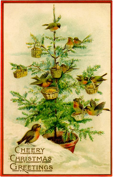 Vintage Birds Christmas Tree Image - Charming! - The Graphics Fairy