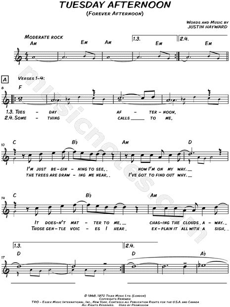 The Moody Blues "Tuesday Afternoon" Sheet Music (Leadsheet) in C Major ...