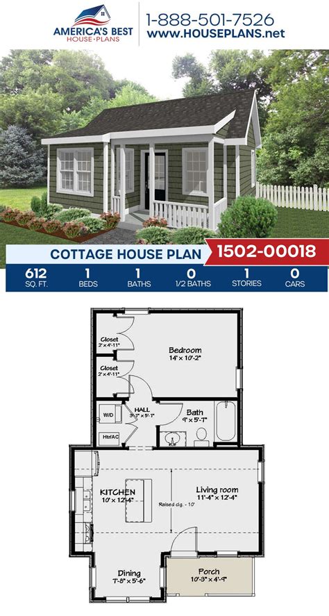 House Plan 1502-00018 - Cottage Plan: 612 Square Feet, 1 Bedroom, 1 Bathroom | Guest house plans ...