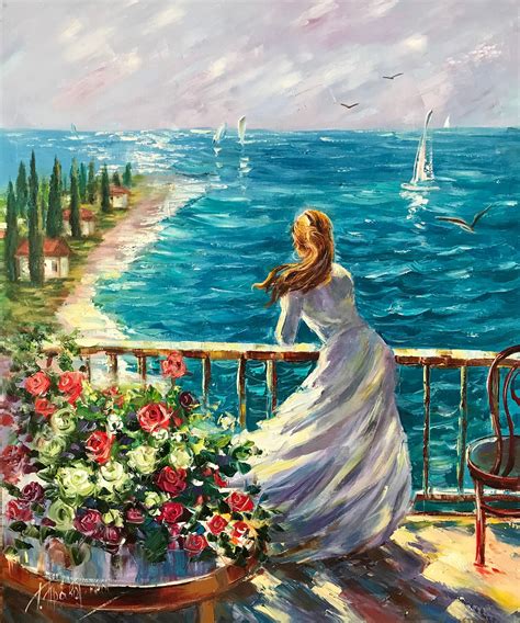 Woman by the Sea Oil Painting Dreaming Girl at Beach Art - Etsy