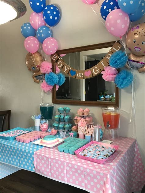 Gender reveal treat table | Gender reveal party decorations, Gender reveal decorations, Gender ...