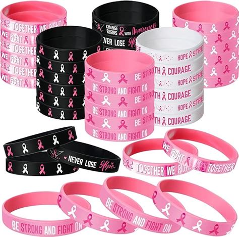 48 Pcs Breast Cancer Awareness Bracelets Pink Ribbon Breast Cancer Awareness Silicone Wristbands ...