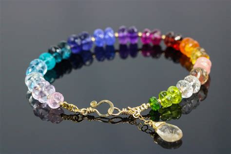 Rainbow Precious Gemstone Bracelet in Gold Filled, Chakra Gemstone Bracelet - Valltasy