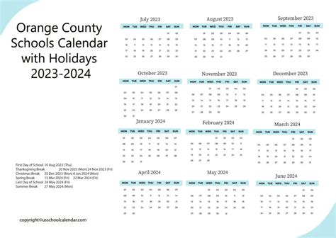 Orange County Schools Calendar with Holidays 2023-2024