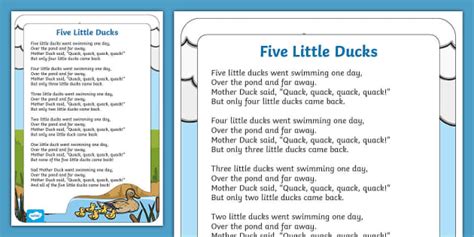 Five Little Ducks Nursery Rhyme Lyrics Poster | Twinkl