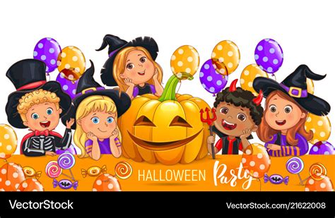 Halloween party design with cute kids in costume Vector Image