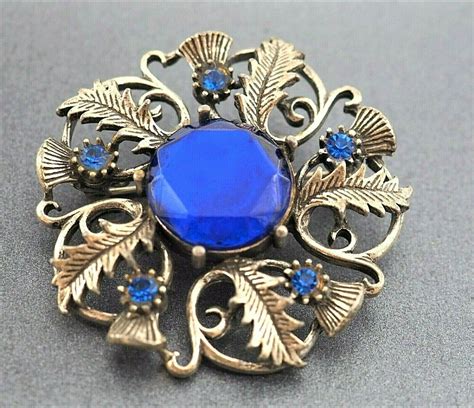 Women's Vintage Celtic Thistle Brooch Blue Rhinestone Glass Scottish in ...