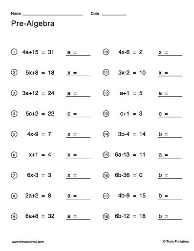 Pre Algebra Worksheets - Tim's Printables