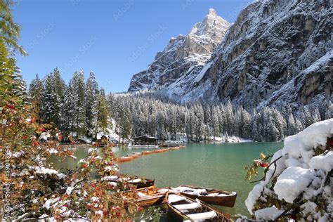 Pragser Wildsee im Winter und Großer Apostel - Lago di Braies Stock Photo | Adobe Stock