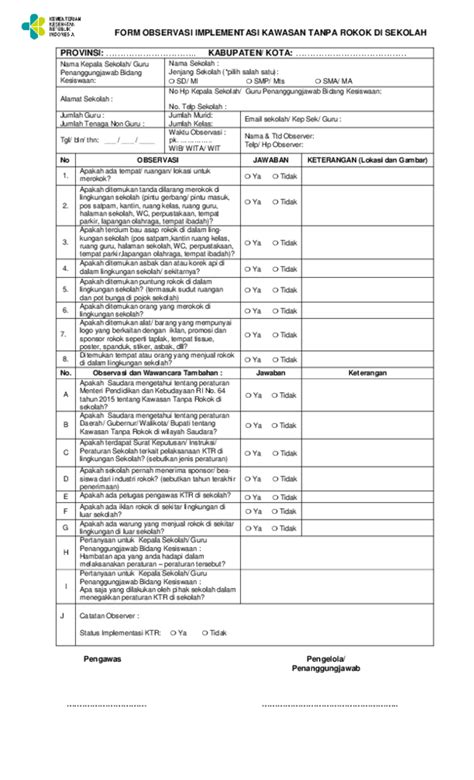 (PDF) FORM OBSERVASI IMPLEMENTASI KAWASAN TANPA ROKOK DI SEKOLAH PROVINSI ...