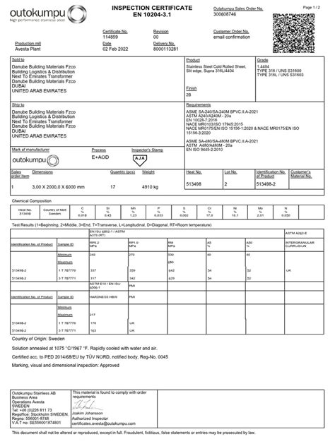 Ss 316l 3.0 MTC New | PDF | Building Materials | Materials