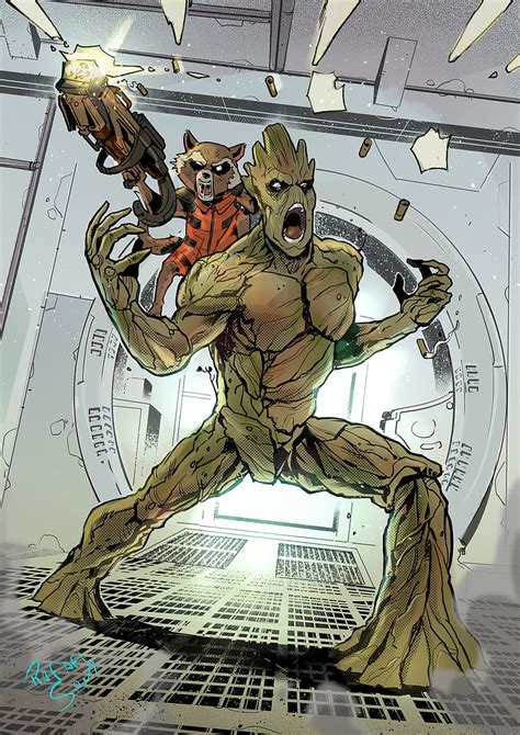 Rafael Sam, illustration, Marvel Comics, Groot, Rocket Raccoon, gun ...