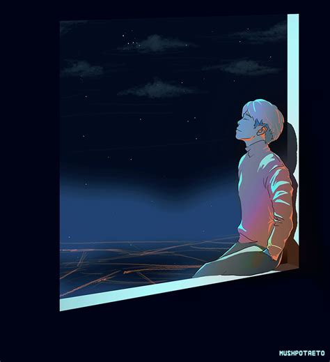 a person sitting on a ledge looking out at the night sky