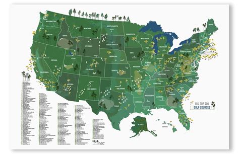 Golf Map of USA, Map POSTER, 200 COURSES | Push pin map, Usa map, Pin map