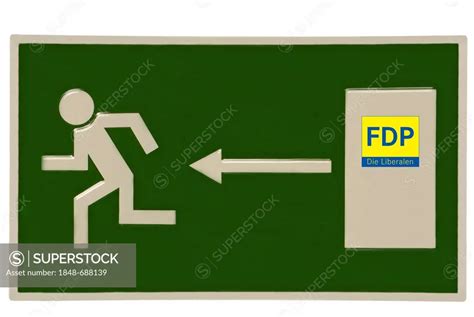 Emergency exit sign with FDP logo on the door, symbolic image for loss of membership in the FDP ...