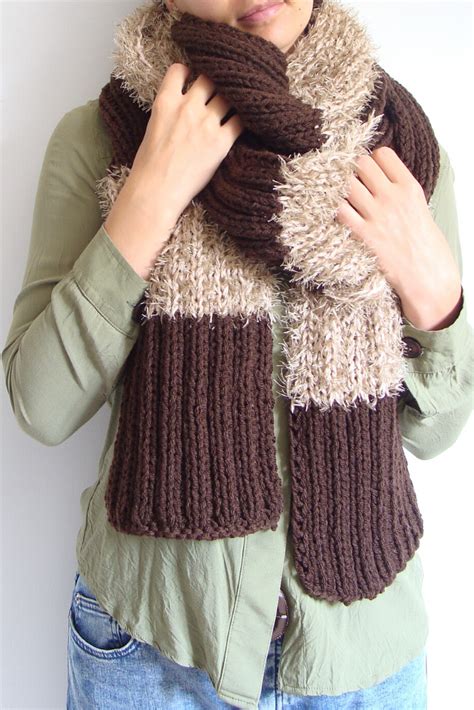 Chunky Knit Two Tone Wrap Scarf, Hand Knit Fuzzy Open Ended Scarf ...