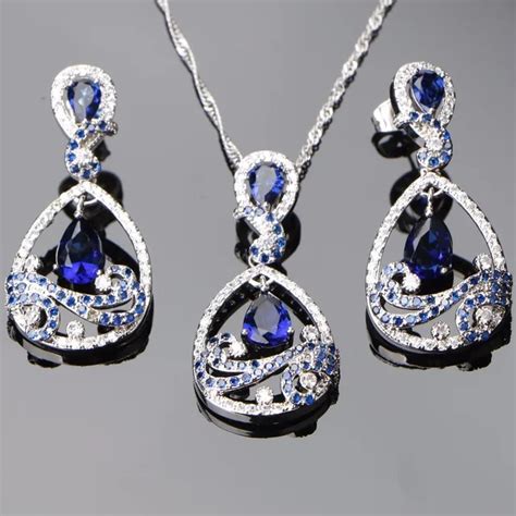 Aliexpress.com : Buy 925 Sterling Silver Bridal Jewelry Sets For Women Blue Rhinestone Stud ...