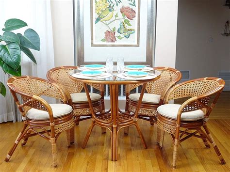 Rattan Wicker Dining Set Vintage Feel Round Table 4 Chair Woven Back | Interior Design Ideas