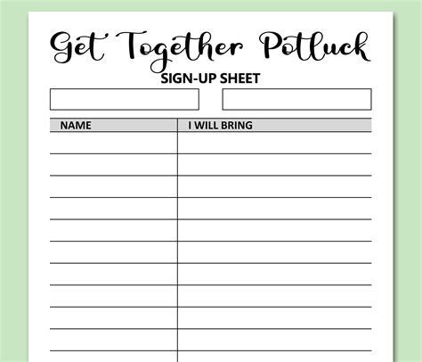 Get Together Potluck Sign up Sheet Printable, Signup Form Potluck ...