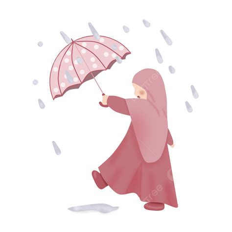 Muslim Girl Playing In The Rain And Umbrella, Muslim Girl, Rain, Umbrella PNG Transparent ...