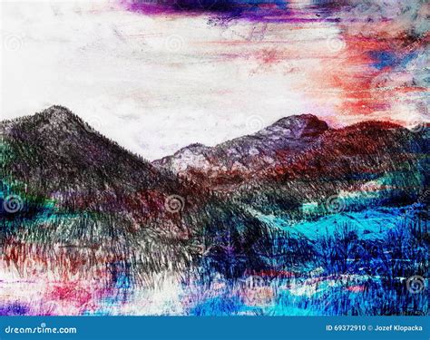 Landscape Painting on Old Paper and Color Abstract Background. Stock Illustration - Illustration ...