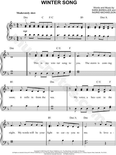 Sara Bareilles "Winter Song" Sheet Music (Easy Piano) in D Minor ...