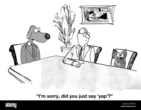 Business cartoon about meetings. The business dog is not paying attention and accidentally says ...