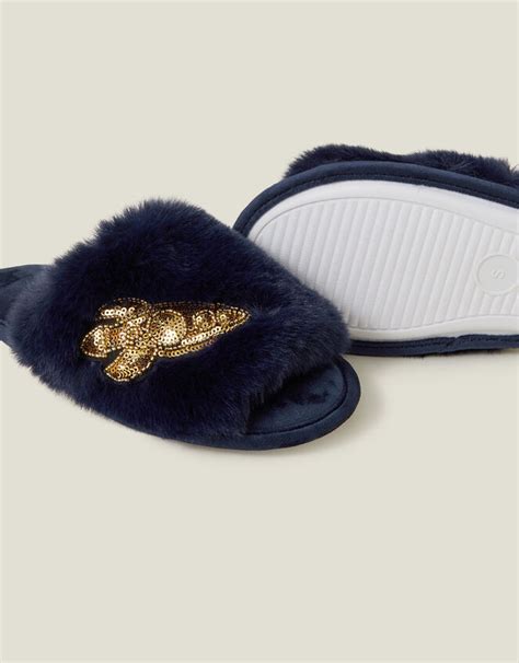 Moon Faux Fur Mule Slippers Blue | Slippers | Accessorize UK