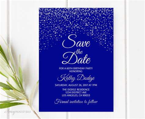 Save the Date Royal Blue Silver Birthday Save the Date Blue - Etsy