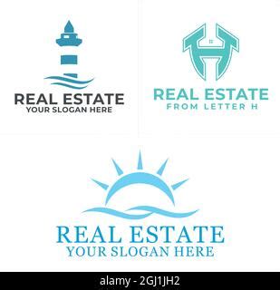 Coastal beach with lighthouse logo design template. Creative lighthouse logo inspiration Stock ...