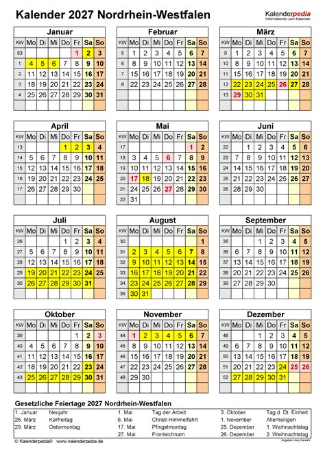 Kalender 2027 NRW: Ferien, Feiertage, PDF-Vorlagen