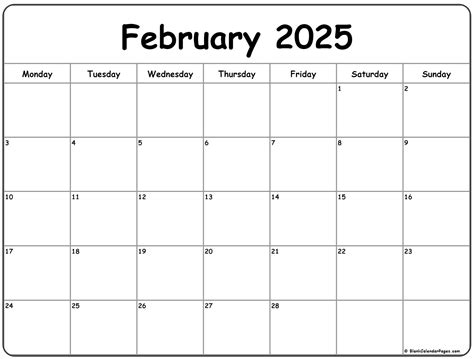 February 2025 Monday Calendar | Monday to Sunday