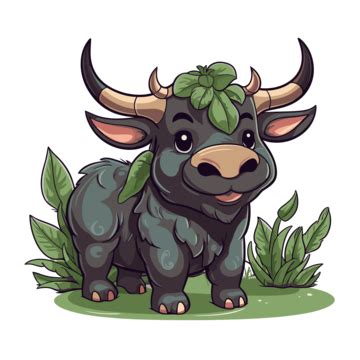 Carabao Clipart Cute Black Bull Standing In The Grass Cartoon Vector, Grass Clipart, Cute ...