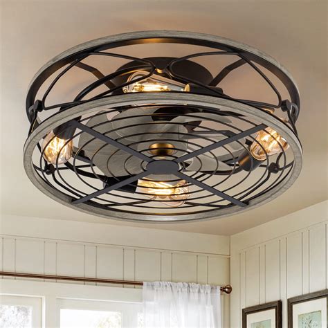 Buy Caged Ceiling Fan With Light, 20'' Industrial Bladeless Low Profile ...