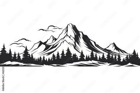 Black and white mountain range with trees wall art, symbolic landscapes ...