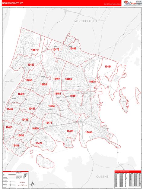 Bronx County, NY Zip Code Wall Map Red Line Style by MarketMAPS - MapSales