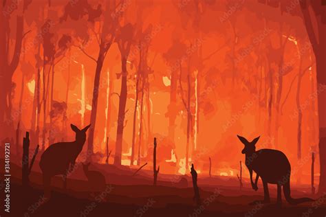 Fire in Australia. Forest fires with silhuette of wild animals kangaroo ...