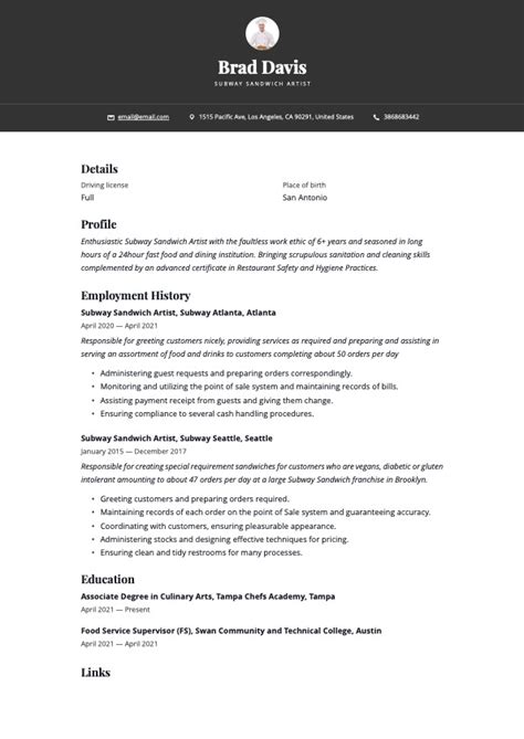 Subway Sandwich Artist Resume Examples & Guide | Free Downloads