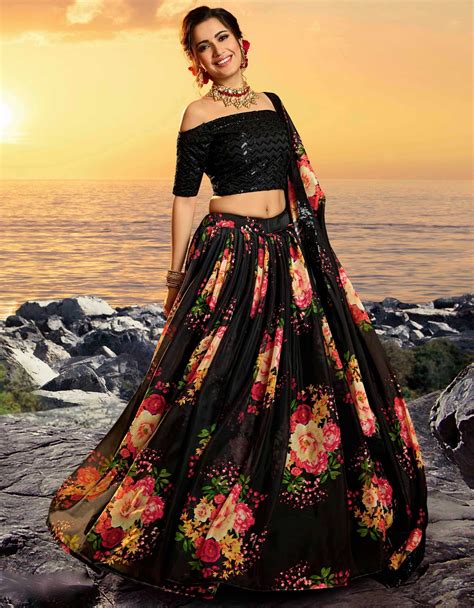 Black Organza Floral Print Lehenga Choli - Lehengas Designer Collection