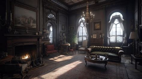 Premium AI Image | The Victorian Gothic living room is an enchanting space filled with ornate ...