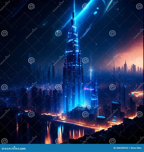 Futuristic City at Night with Neon Lights. 3d Illustration Generative ...